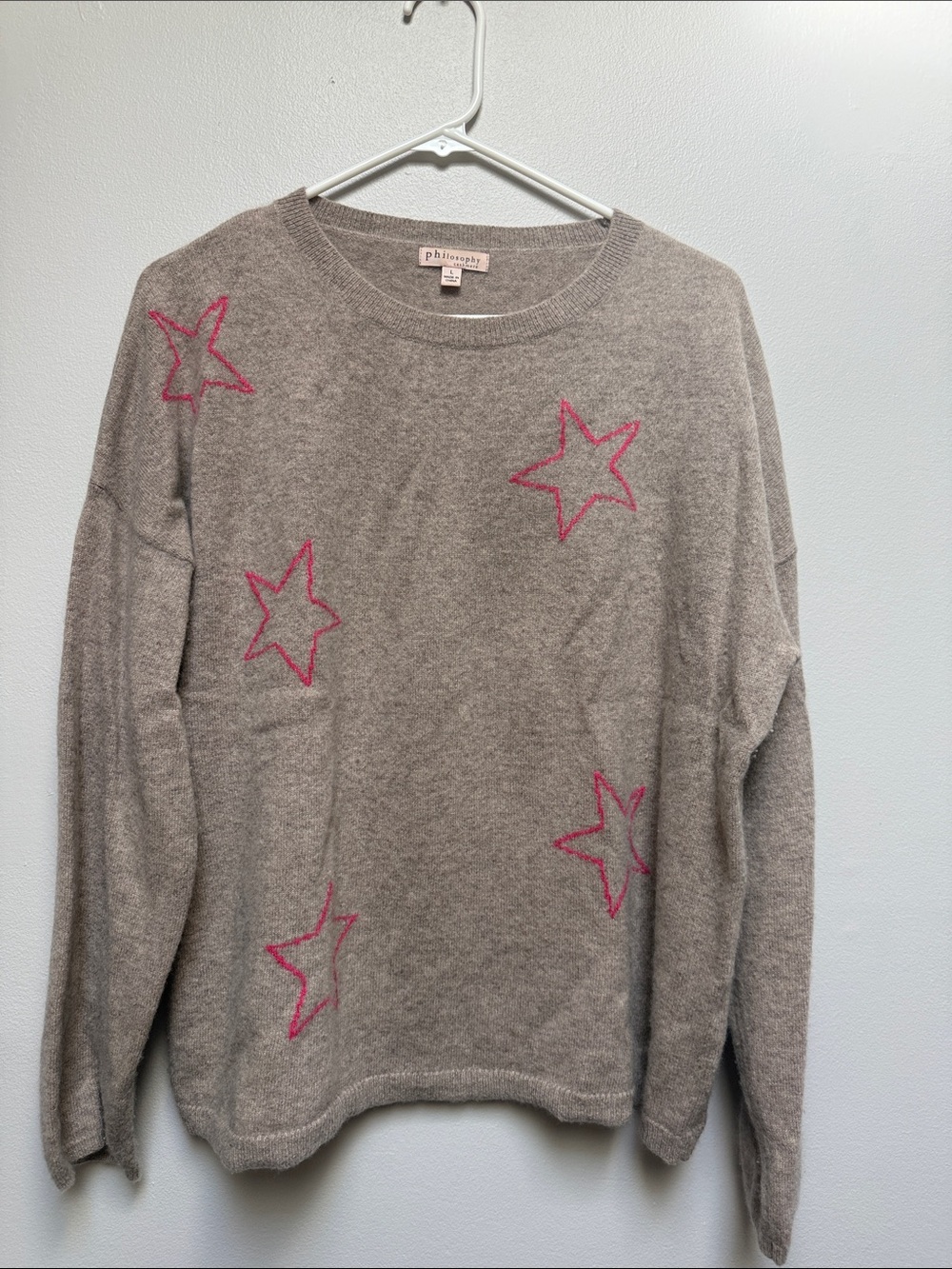 Philosophy Taupe Cashmere Crewneck Sweater with Pink Star Accents